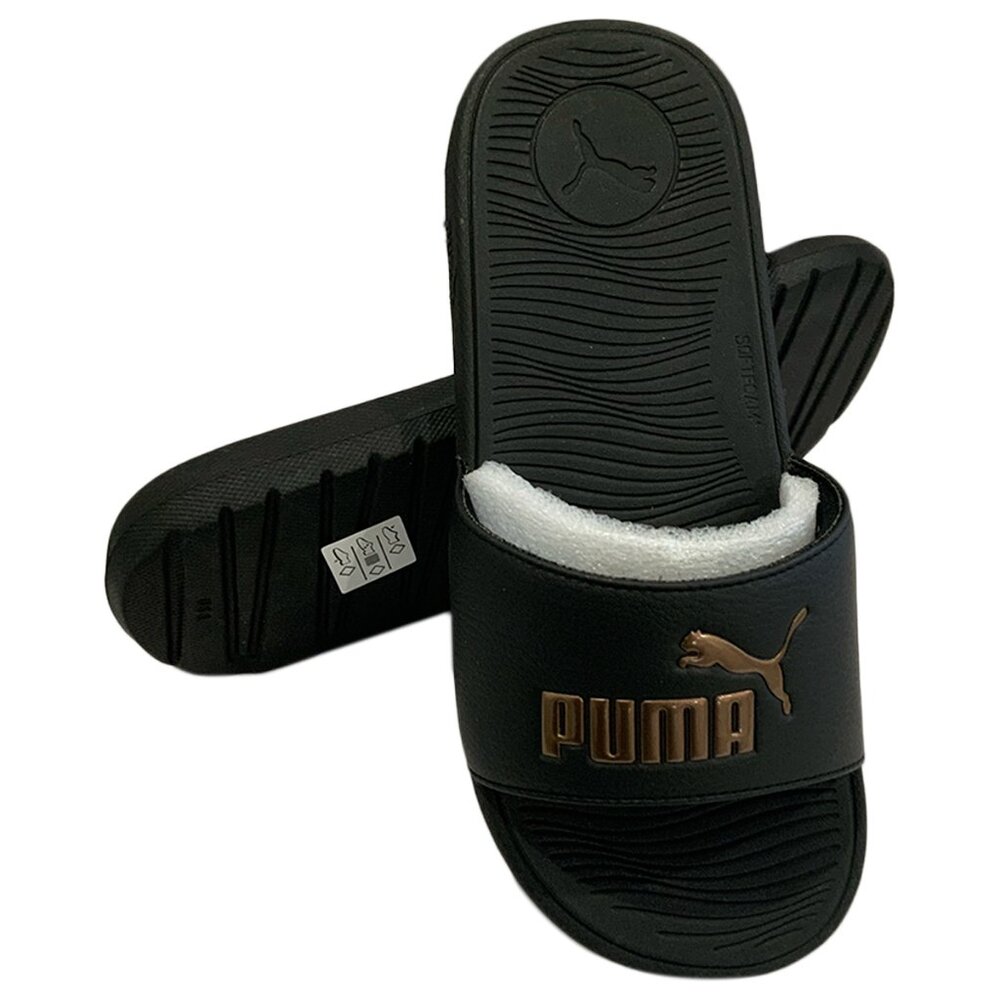 NWT PUMA AUTHENTIC COOL CAT BOLD WOMEN BLACK GOLD SLIP ON SLIDES SANDALS SIZE 10